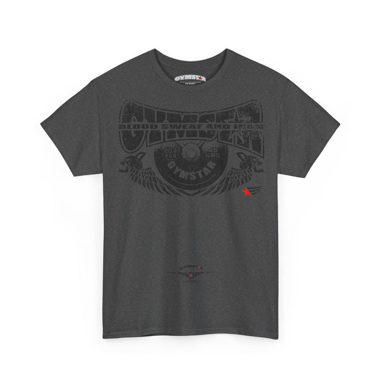 A dark gray heather crewneck t-shirt featuring a faded black graphic print on the front with the words 'Gymnast' and 'Blood Sweat and Iron', accompanied by a small red star accent on the left chest.