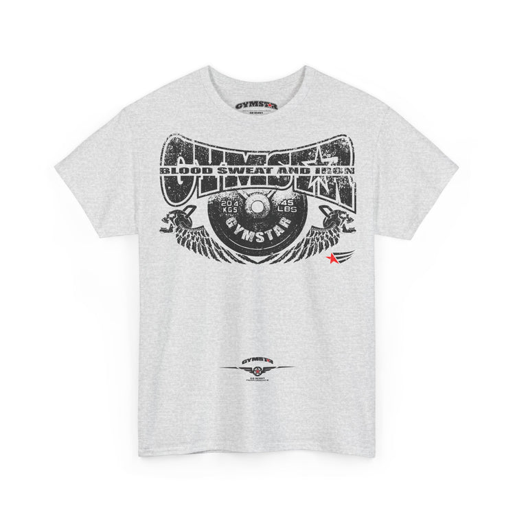A light heather gray short-sleeve t-shirt with a large black graphic print on the front. The graphic features the words 'Gymnast' and 'Blood Sweat and Iron' in a distressed font, surrounding a vinyl record design with wings.