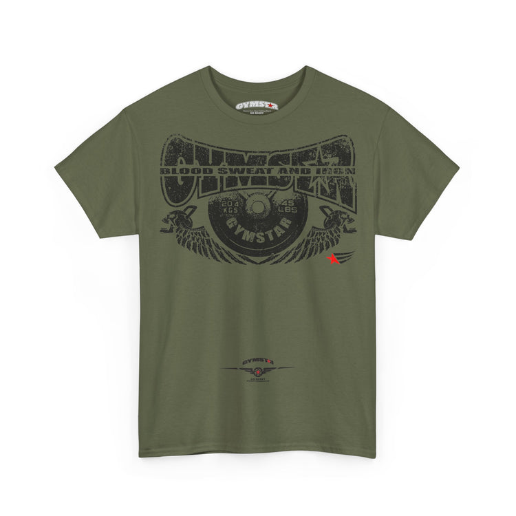 An olive green short-sleeve t-shirt with a distressed black graphic on the front reading 'UNBEATEN BLOOD SWEAT AND ICE' and 'Gymstar', displayed on a clean white background.