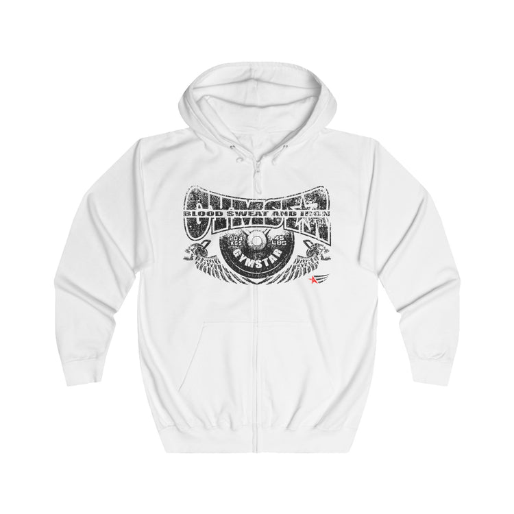 A white zip-up hoodie with a large black graphic print on the front featuring the text 'UNDEFEATED' and 'BLOOD SWEAT & IRON'. The hoodie is shown flat against a solid white background.
