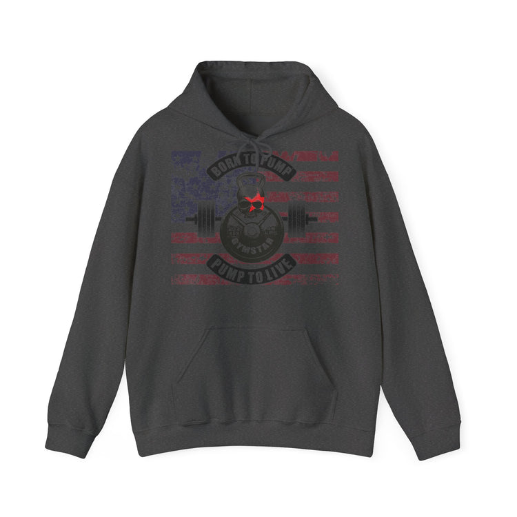 Gray hoodie with a red logo on a white background