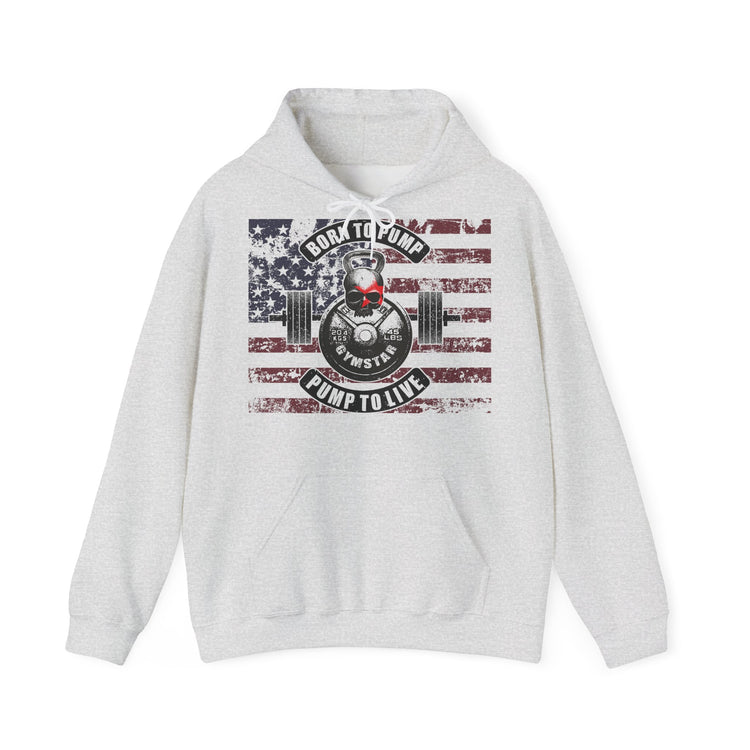 A light heather gray pullover hoodie with a distressed American flag graphic on the chest, featuring a barbell and a skull with the text 'BORN TO PUMP' and 'PUMP TO LIVE' by Pump to Live.