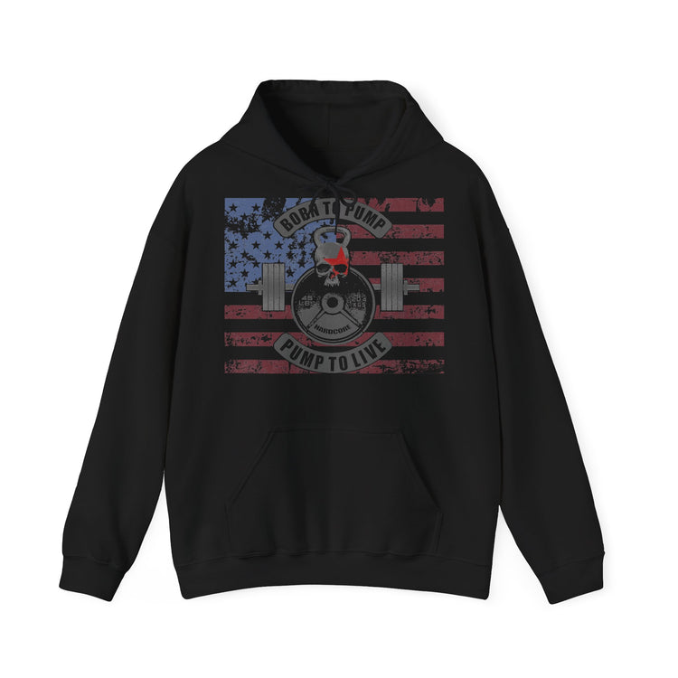 A black pullover hoodie with a distressed American flag graphic on the chest featuring a weight plate, skull, and the text 'NO BATH PUMP' and 'PUMP TO LIVE'.