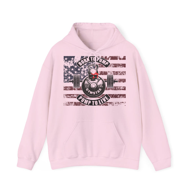 A light pink pullover hoodie with a distressed graphic on the chest featuring an American flag, a barbell, a skull, and the text 'BORN TO PUMP PUMP TO LIVE' with 'Pump Star' in the center.