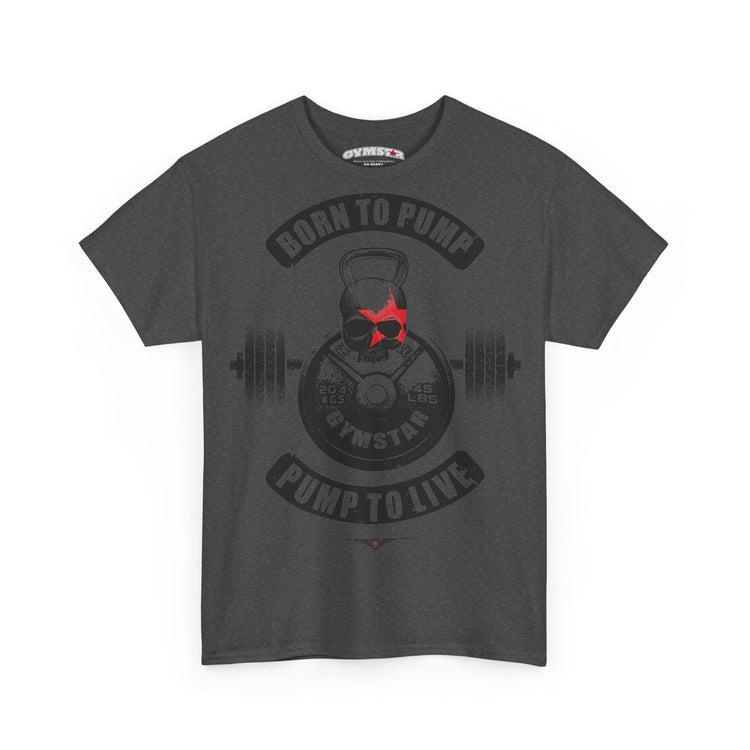 A dark gray heather crewneck t-shirt featuring a gym-themed graphic with a skull wearing a red star, a kettlebell, a barbell, and the text 'BORN TO PUMP', 'GYMSTAR', and 'PUMP TO LIVE'.