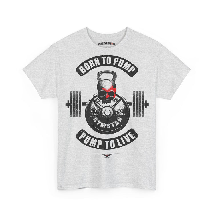 A light heather gray crewneck t-shirt featuring a black and red graphic print on the front. The graphic displays a skull wearing a red baseball cap, a kettlebell, a barbell, and the text 'BORN TO PUMP' and 'PUMP TO LIVE' with 'GYMSTAR' in the center.