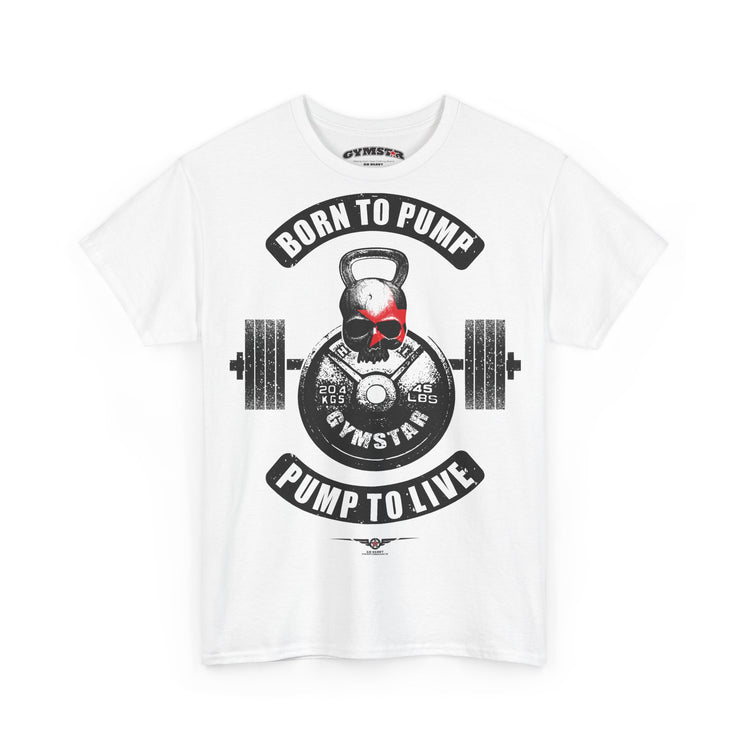 A white short-sleeve crewneck Gymstar t-shirt featuring a gym-themed graphic print on the front. The design includes a central skull wearing a red baseball cap, positioned in front of a barbell and kettlebell.