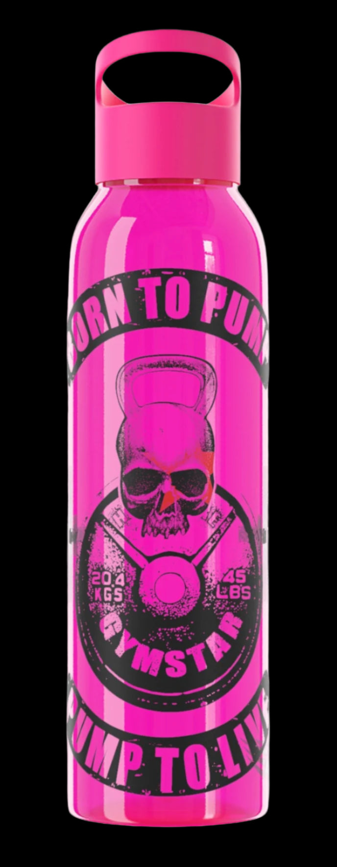 Pink sports bottle with black inscription "BORN TO PUMP, PUMP TO LIVE" and a graphic of a dumbbell with weights, GYMSTAR brand.