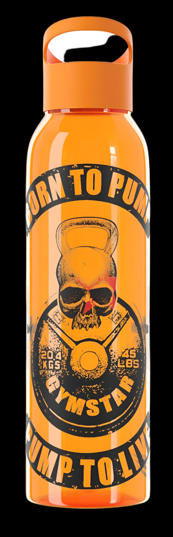 Orange sports bottle with black inscription "BORN TO PUMP, PUMP TO LIVE" and a graphic of a dumbbell with weights, GYMSTAR brand.