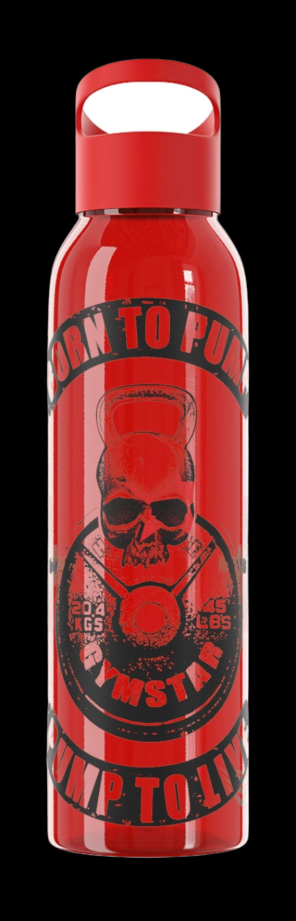 Red sports bottle with black inscription "BORN TO PUMP, PUMP TO LIVE" and a graphic of a dumbbell with weights, GYMSTAR brand.
