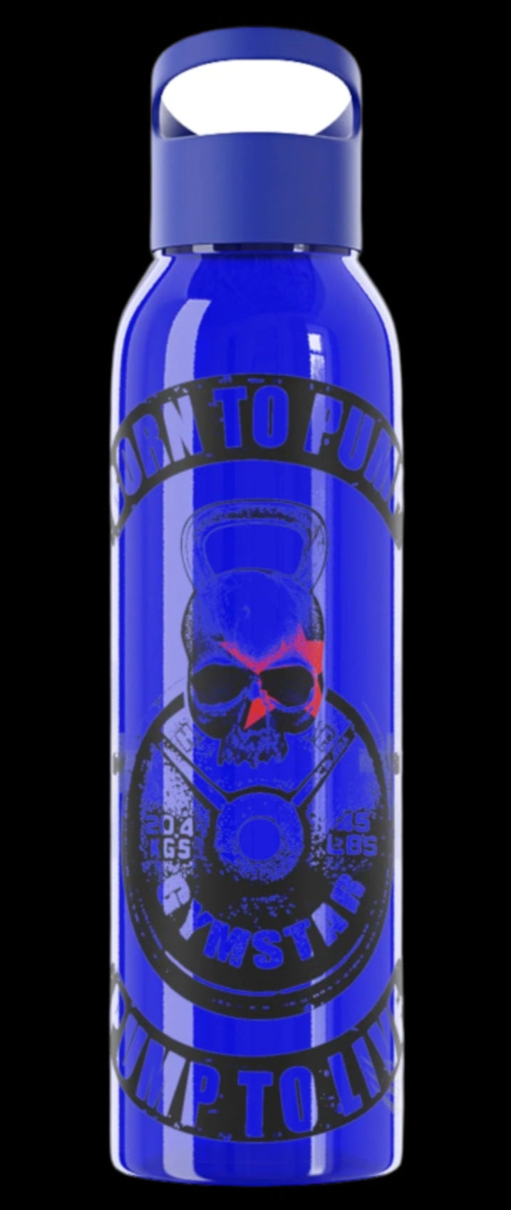 Blue sports bottle with black inscription "BORN TO PUMP, PUMP TO LIVE" and a graphic of a dumbbell with weights, GYMSTAR brand.
