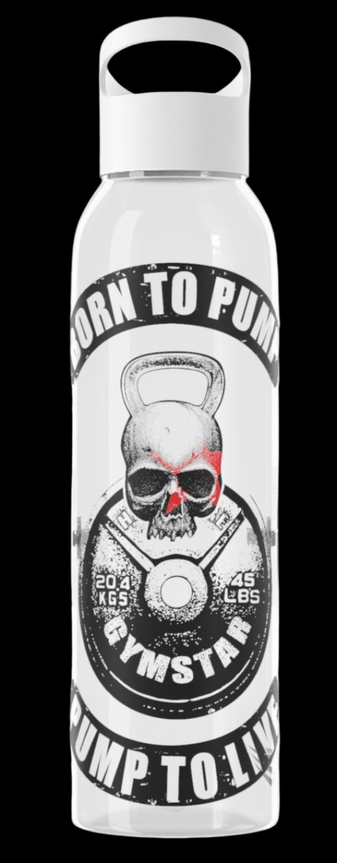 White sports bottle with black inscription "BORN TO PUMP, PUMP TO LIVE" and a graphic of a dumbbell with weights, GYMSTAR brand.