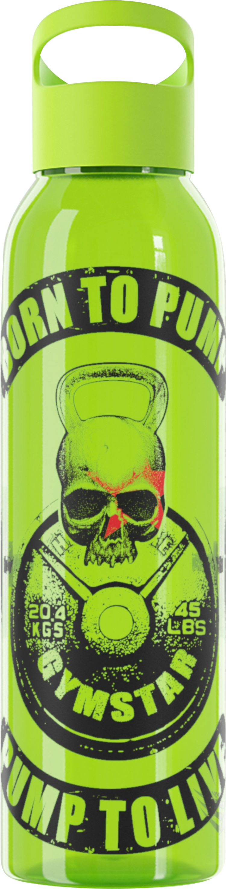 A green Gymstar water bottle with a twist-on lid, featuring a graphic design with the text 'Born to Pump' and a skull wearing sunglasses.