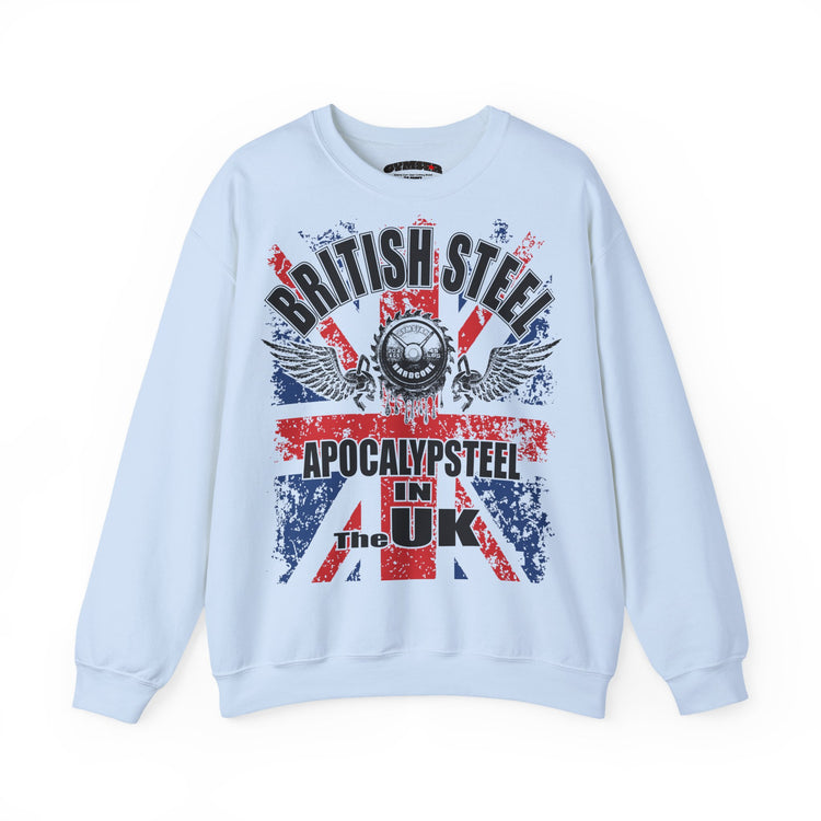 A light blue crewneck Gymstar sweatshirt featuring a distressed Union Jack graphic with the text 'BRITISH STEEL', 'APOCALYPSE STEEL', 'IN THE UK', and 'The Steel'.