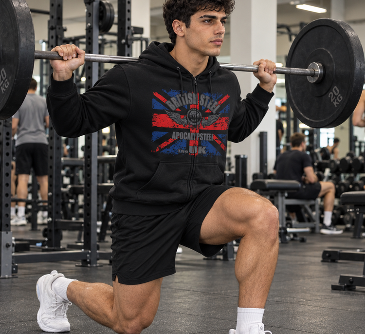 A man in a gym performing a lunge while wearing a black Gymstar hoodie with a red, white, and blue graphic print that reads 'MUSCLE BEYOND JUDGEMENT'.