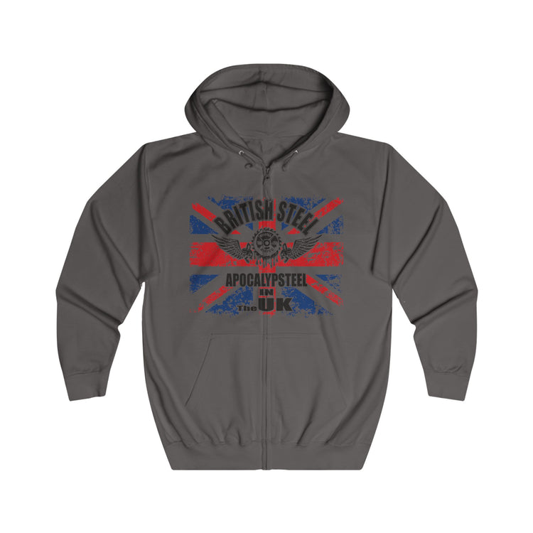 A dark gray zip-up Gymstar hoodie with a distressed Union Jack graphic on the chest featuring the text 'BRITISH STEEL' and 'APOCALYPSE STEEL'.