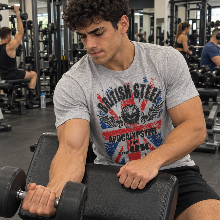 Luca Moretti wearing a sport grey GYMSTAR British Steel T-shirt while performing a dumbbell preacher curl in a gym.