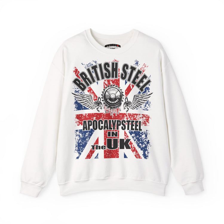 An off-white crewneck Gymstar sweatshirt featuring a distressed Union Jack graphic with the text 'BRITISH STEEL', 'APOCALYPSESTEEL', and 'The UK'.