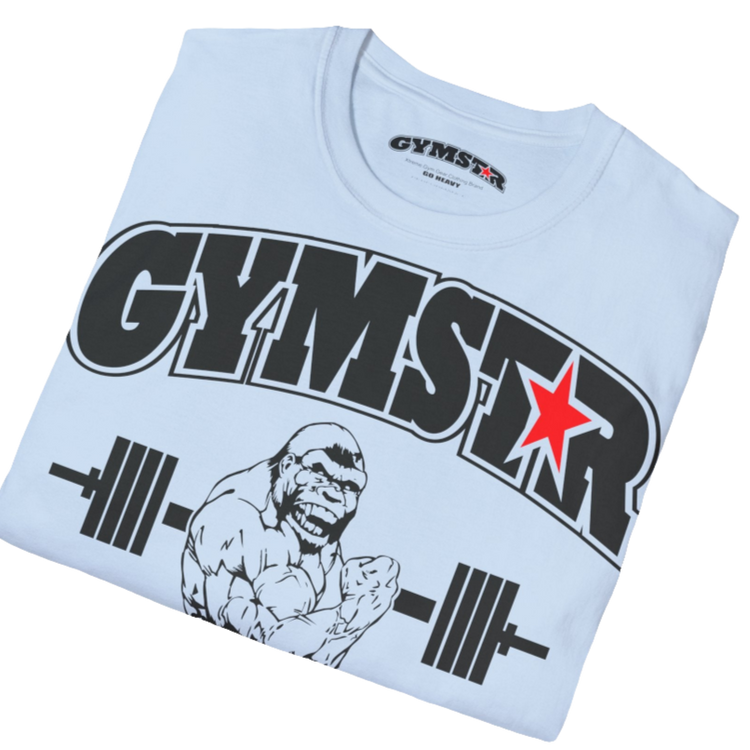 A light blue Gymstar fitness t-shirt with the brand logo and a motivating design Training Day. Midle lose up front view.