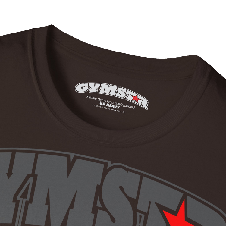 A broun Gymstar fitness t-shirt with the brand logo and a motivating design Training Day. Ultra Close up front view.