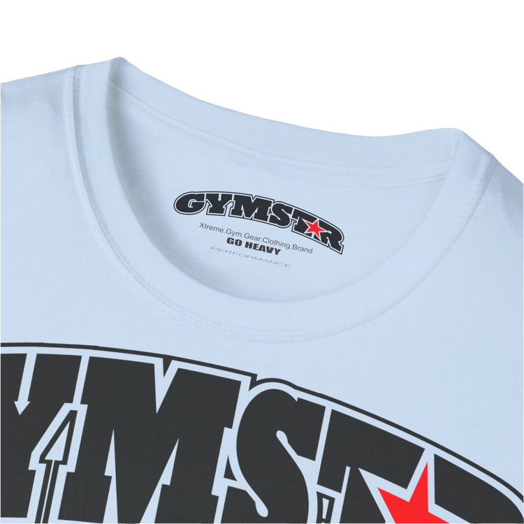 A light blue Gymstar fitness t-shirt with the brand logo and a motivating design Training Day. Close up front view.