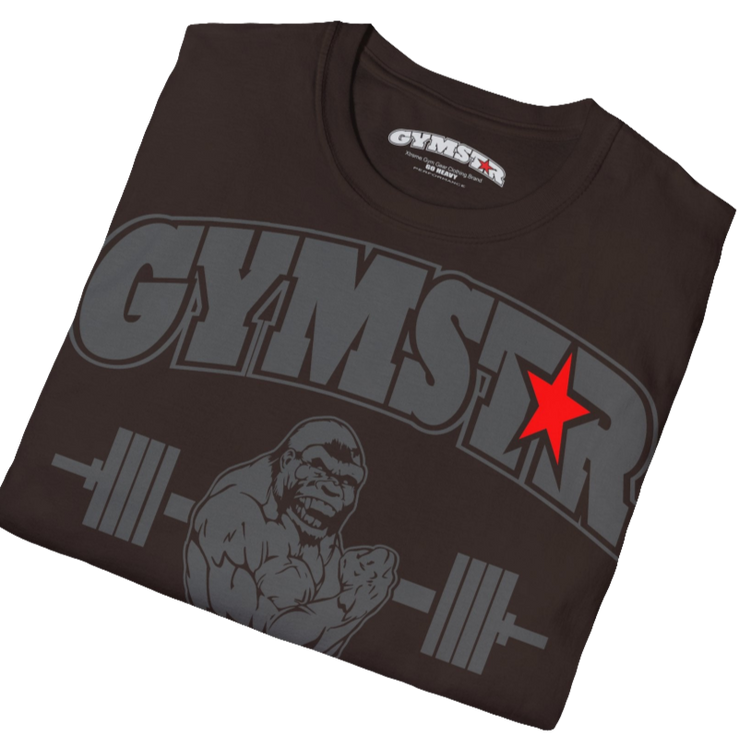 A broun Gymstar fitness t-shirt with the brand logo and a motivating design Training Day. Close up front view.