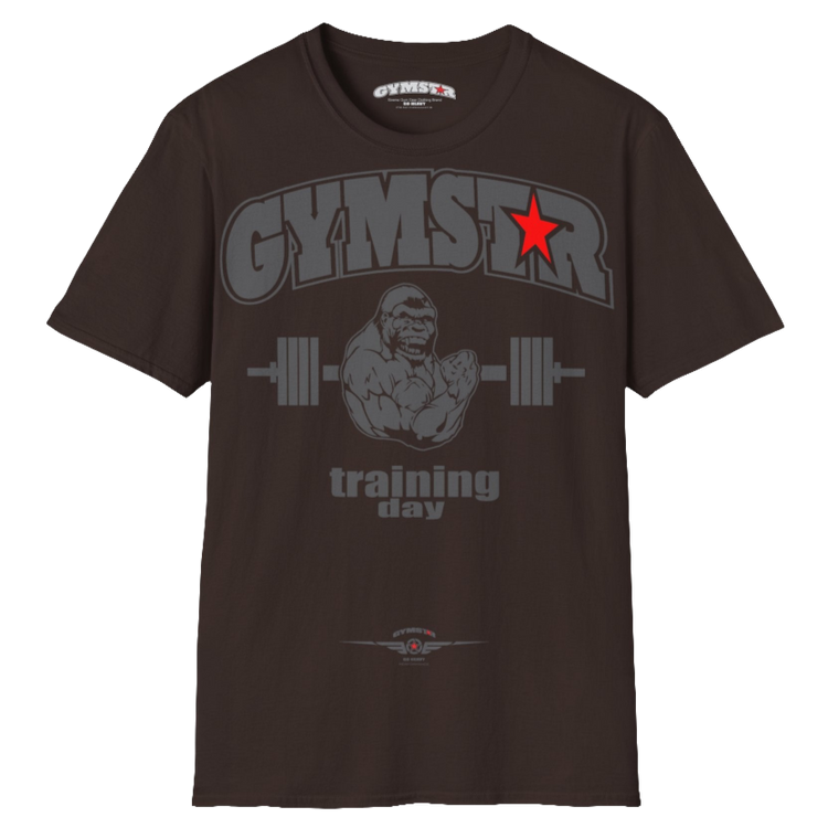 A broun Gymstar fitness t-shirt with the brand logo and a motivating design Training Day. Front view.
