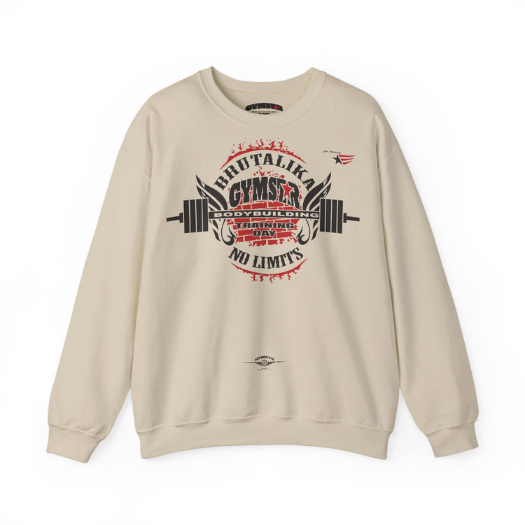 A beige crewneck sweatshirt featuring a large graphic print on the front with a barbell, wings, and the text BRUTALIKA GYMSTAR and 'NO LIMITS'.