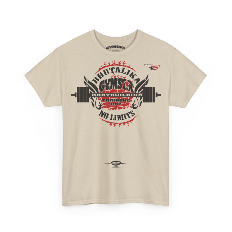 A beige short-sleeve crewneck t-shirt featuring a gym-themed graphic on the chest with a barbell, wings, and the text 'BRUTALIKA GYMSTAR' and 'NO LIMITS'.