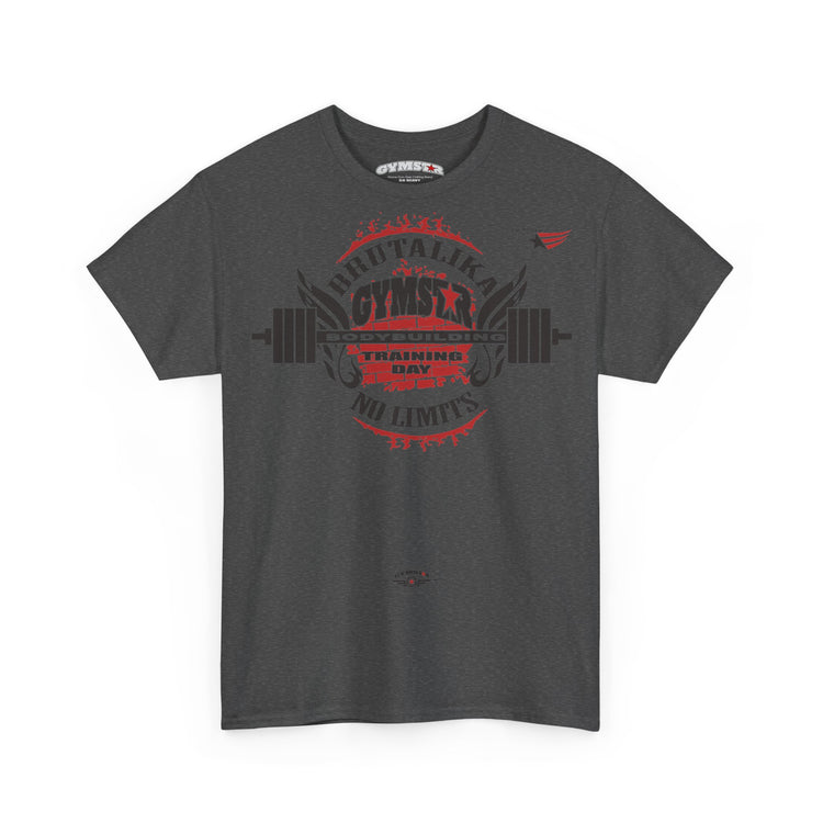 A dark heather gray crewneck t-shirt featuring a red and black graphic print on the front with a barbell, wings, and the text 'BRUTALIKA GYMSTAR'. The shirt is displayed flat against a solid white background.