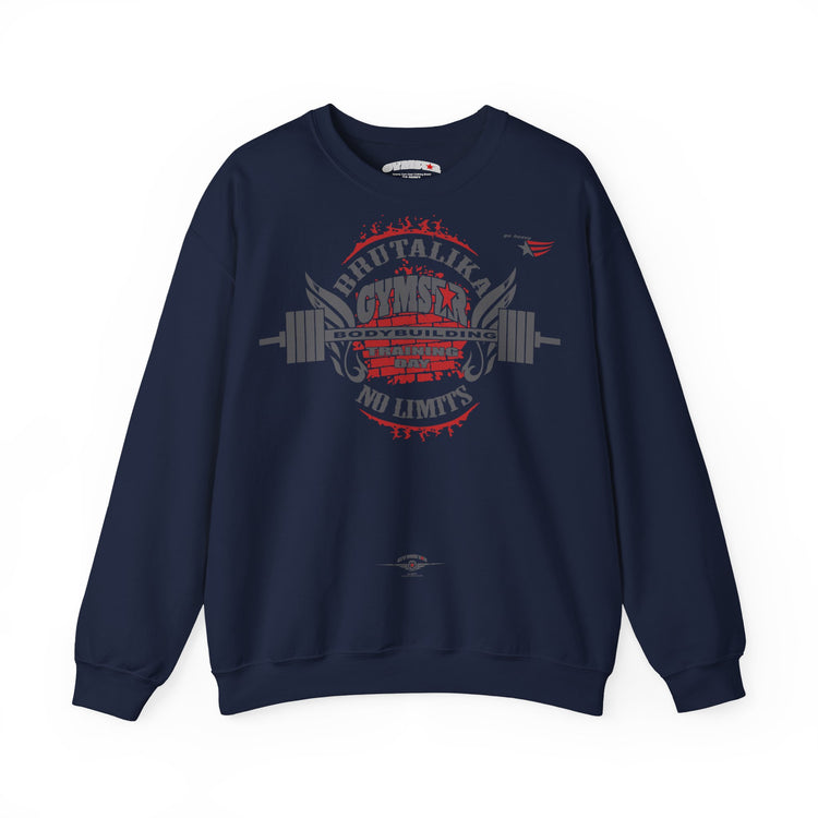 Navy blue sweatshirt with a map design and text on a white background