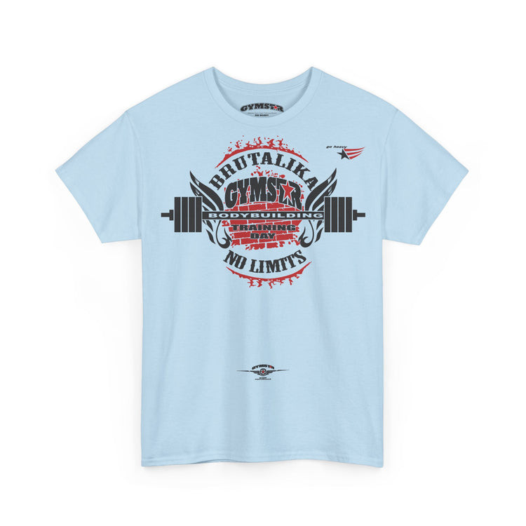 A light blue short-sleeve t-shirt with a large graphic print on the front. The graphic features a barbell design and distressed text reading 'BRUTALIKA GYMNSIS COVERAGE TRAINING NO LIMITS' in red, black, and white.