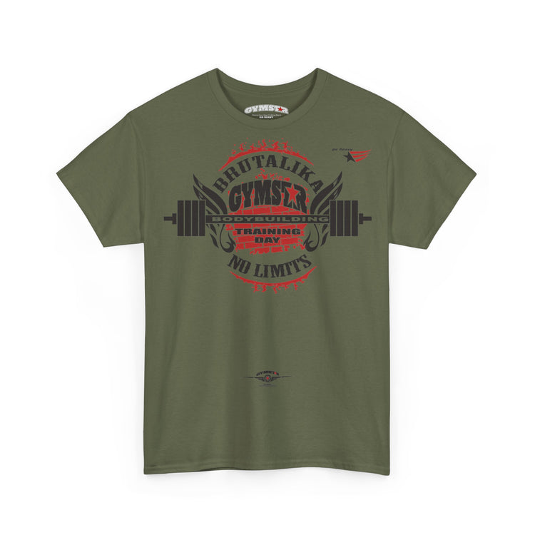 An olive green short-sleeve t-shirt with a distressed gym graphic on the front. The graphic features a barbell, wings, and the text 'BRUTALIKA CYMSTAR' and 'TRAINING DAY' in red and black.