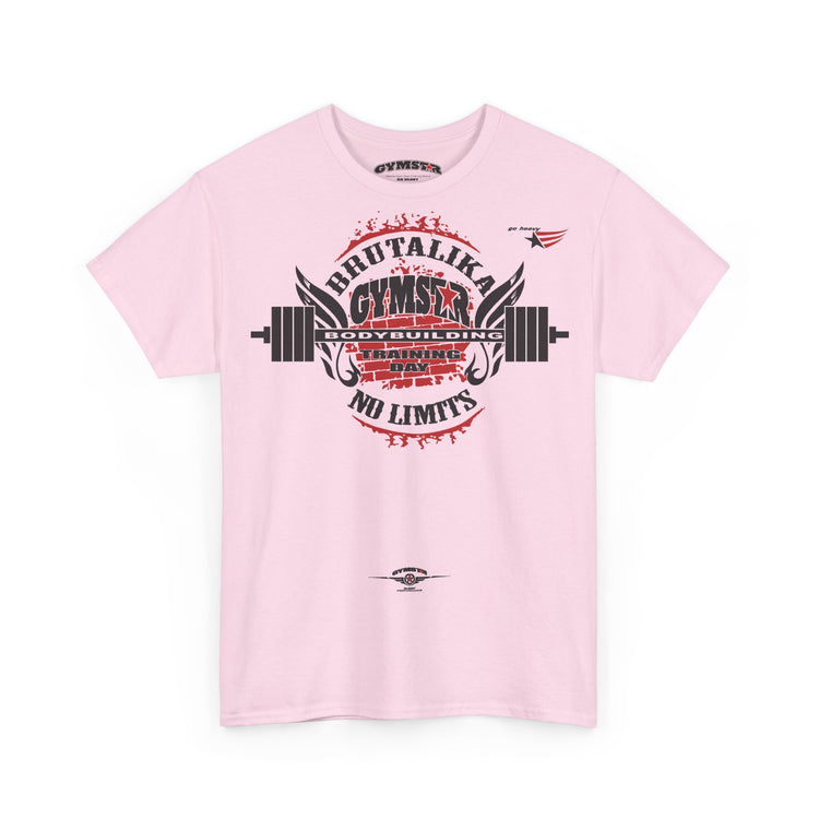 A light pink short-sleeve crewneck t-shirt featuring a large graphic print on the front. The graphic displays a barbell with wings and the text 'BRUTALIKA GYMSTAR' in black and red, along with 'NO LIMITS' and a small logo on the inside neck label.