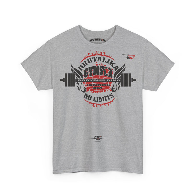 A heather gray short-sleeve t-shirt with a large graphic on the front. The graphic features a circular red and black design with a barbell, the words 'BRUTALIKA GYMSTAR' (stylized), 'TRAINING', and 'NO LIMITS'.