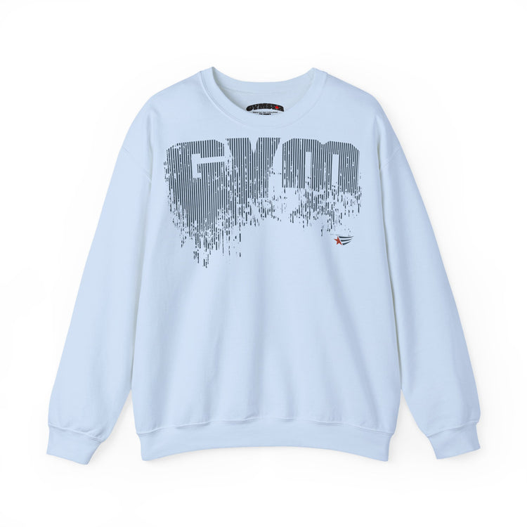 A light blue crewneck sweatshirt featuring a large, stylized 'GYM' graphic in gray on the chest with a vertical striped texture and a small red and white logo on the lower right of the graphic.