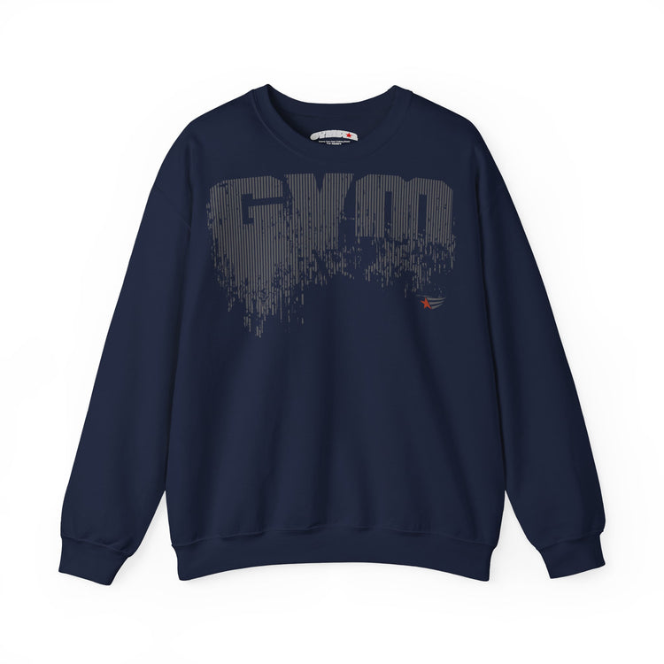 A navy blue crewneck sweatshirt featuring a large, distressed gray 'GYM' graphic on the chest and a small red and blue logo on the lower right front, displayed on a clean white background.