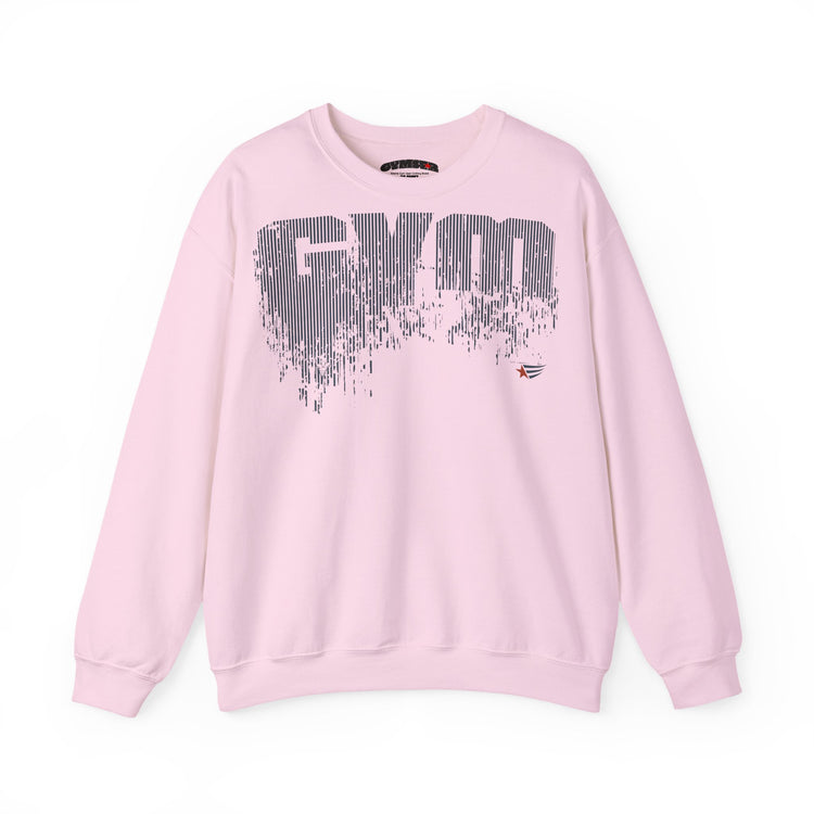 A light pink crewneck sweatshirt featuring a large, stylized distressed 'GYM' graphic in gray and black across the chest, with a small red and white logo on the lower right of the graphic.
