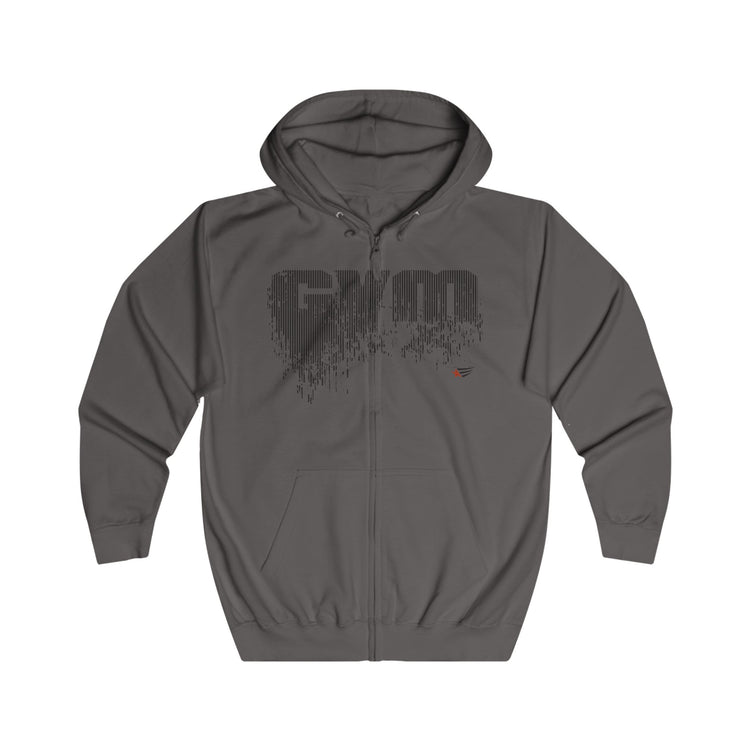 A dark gray zip-up hoodie with a distressed black 'GYM' graphic on the chest and a small red logo accent, displayed on a clean white background.