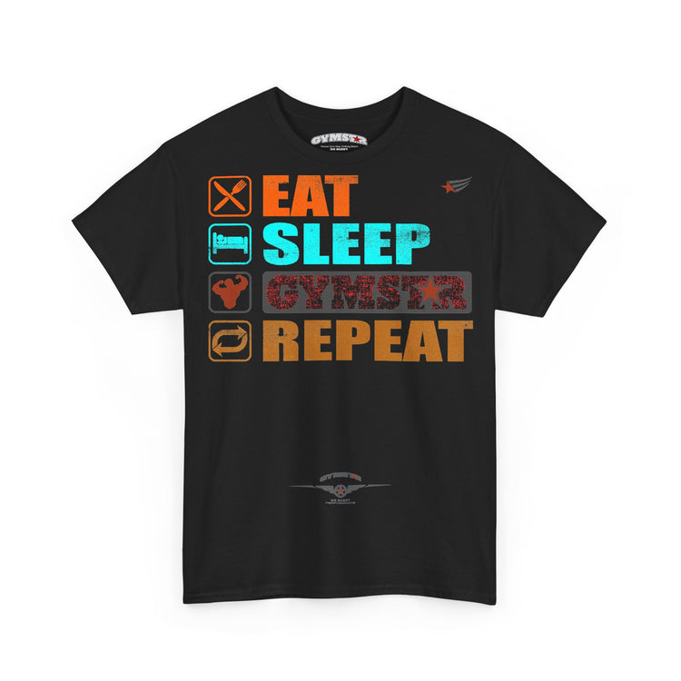 A black short-sleeve t-shirt with a colorful graphic on the front reading 'EAT SLEEP GYMSTАR REPEAT' with corresponding icons, shown on a plain white background.