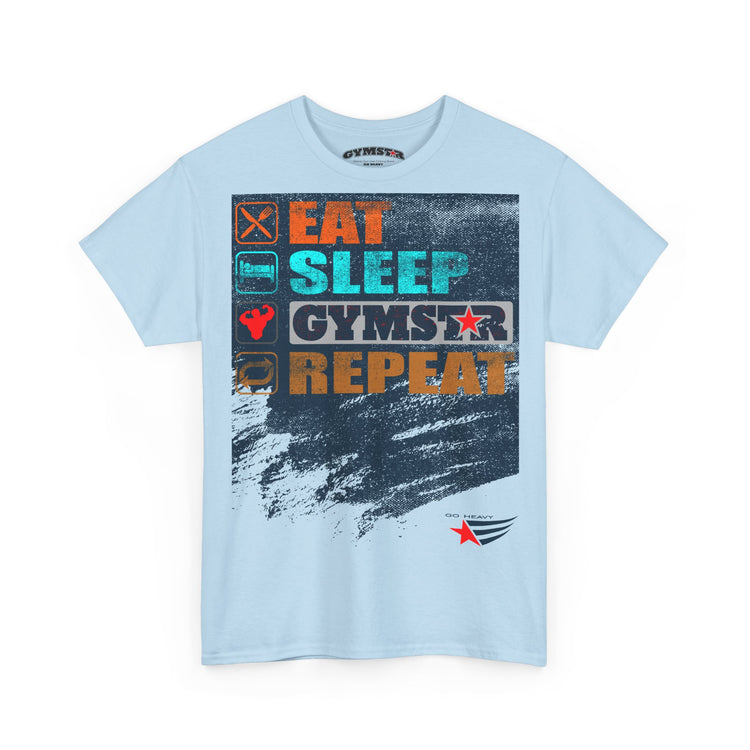 A light blue short-sleeve t-shirt with a colorful graphic print on the front. The graphic features the words 'EAT SLEEP GYMSTAR REPEAT' in orange, teal, and white block letters over a dark textured background, with small gym icons on the left side.