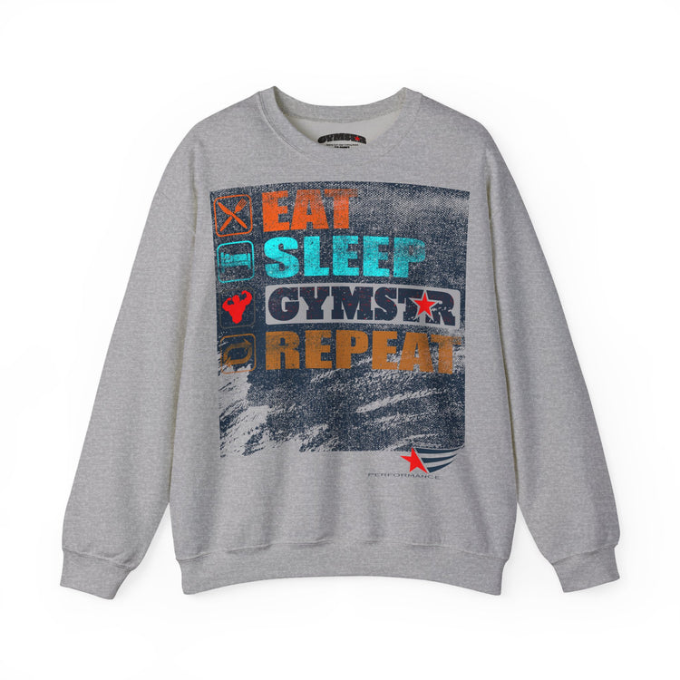 A heather gray crewneck sweatshirt featuring a large graphic print on the front with the words 'EAT SLEEP GYMSTAR REPEAT' in orange, teal, and white, alongside small fitness-themed icons.