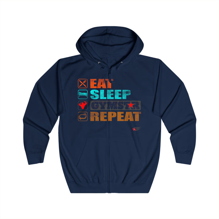 A navy blue zip-up hoodie with a graphic print on the chest reading 'EAT SLEEP GYMSTAR REPEAT' in orange, teal, and dark blue, shown against a plain white background.