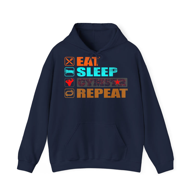 A black pullover hoodie with a colorful graphic on the chest reading 'EAT SLEEP GYMSTAR REPEAT' with corresponding food, bed, heart, and clock icons, shown on a plain white background.