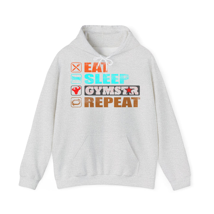 A light heather gray pullover hoodie with a graphic on the chest reading 'EAT SLEEP GYMSTAR REPEAT' with small fitness-themed icons above each word, shown on a plain white background.