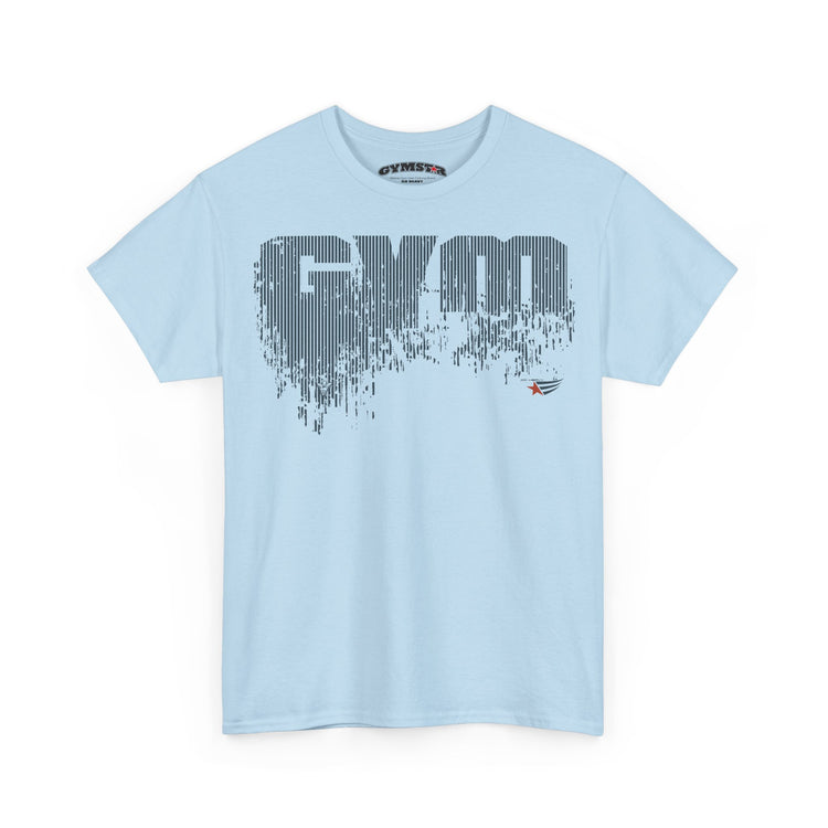 A light blue short-sleeve t-shirt with a large gray 'GYM' graphic made of vertical stripes on the chest, and a small red and blue logo on the lower right of the graphic. The brand name 'GYMMASTER' is visible on the inner neck label.