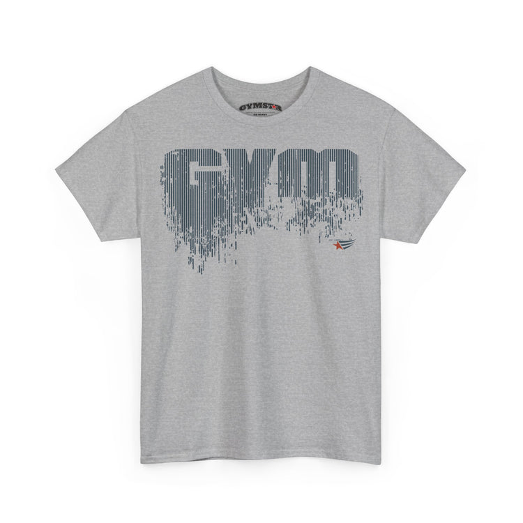 A heather gray short-sleeve t-shirt with a distressed dark gray 'GYM' graphic on the chest, featuring a small red and blue logo on the lower right of the graphic. The brand name 'GYMMASTER' is visible on the inner neck label.