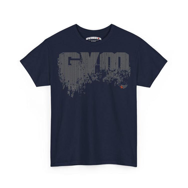 A navy blue short-sleeve t-shirt with a large gray distressed 'GYM' graphic on the chest and a small red and blue logo on the lower right of the graphic, displayed on a clean white background.