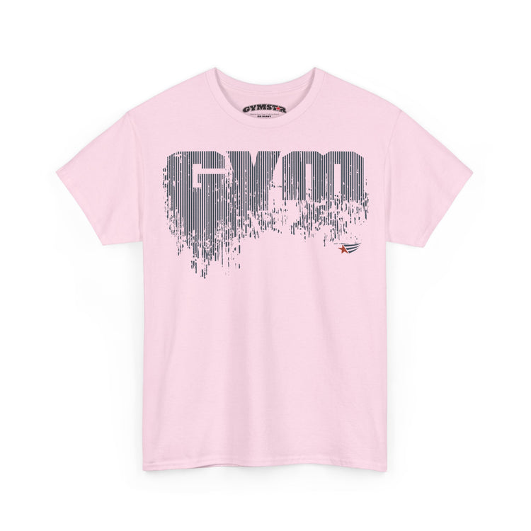 A light pink short-sleeve t-shirt with a large gray 'GYM' graphic printed on the chest, featuring a vertical dripping/digital glitch effect. A small red and white logo is visible on the lower right of the graphic.