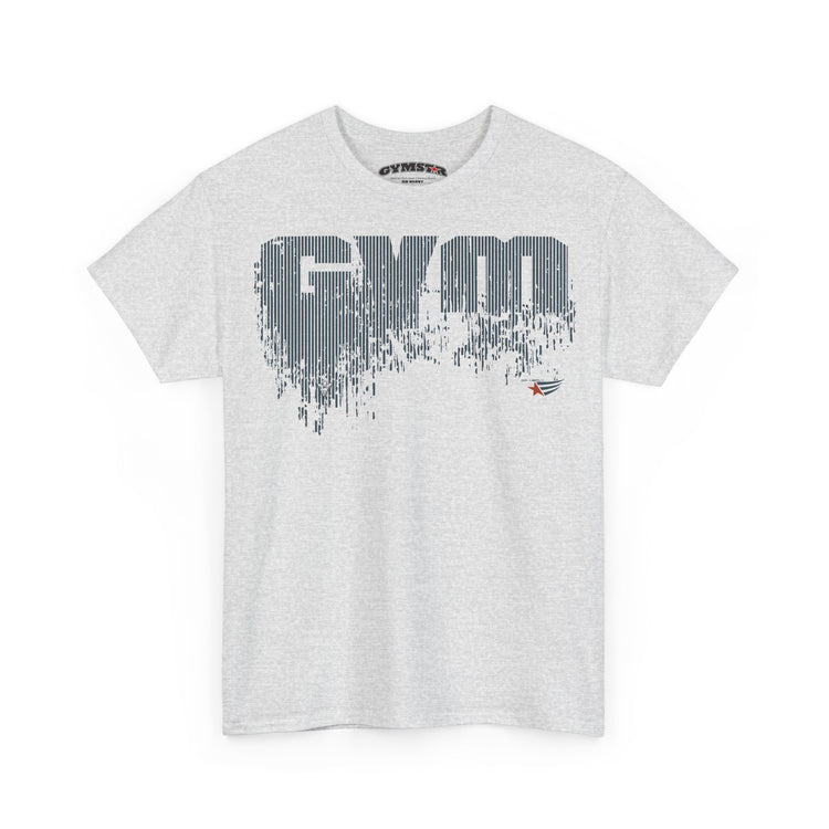 A light gray heather crewneck t-shirt featuring a large, stylized 'GYM' graphic in dark gray with a dripping paint effect on the chest, and a small red and white logo on the lower right of the graphic.